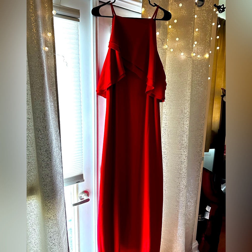 Cold shoulder red formal gown
